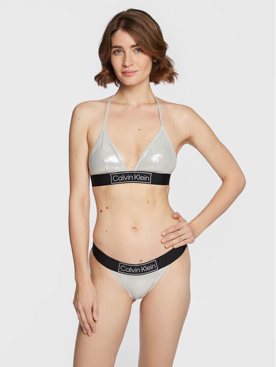 Calvin Klein Swimwear Dół od bikini KW0KW01950 Srebrny Modivo pl