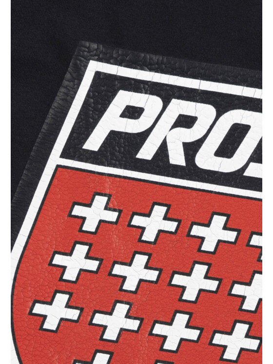 Zbliżenie na nadruk na przodzie t-shirtu.