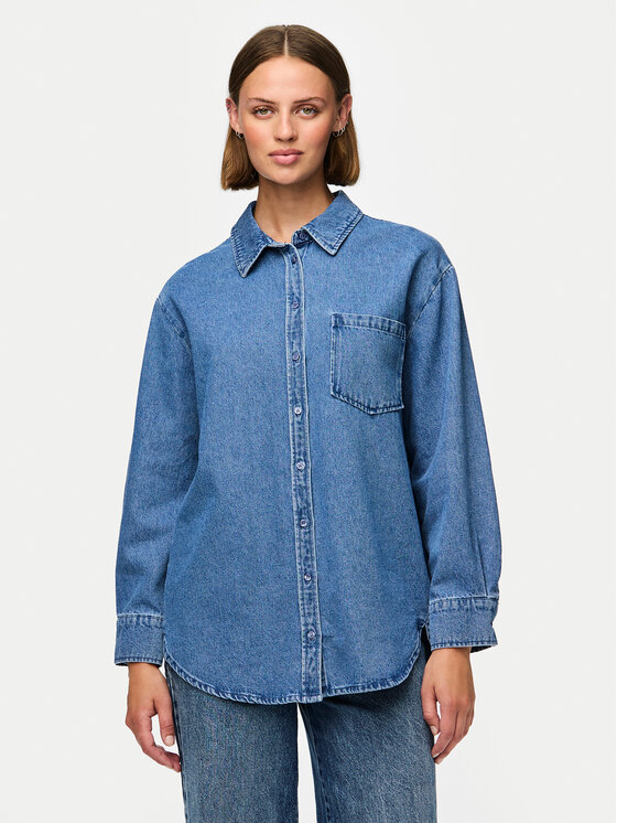 Pieces džínsová košeľa 17150991 Modrá Oversize