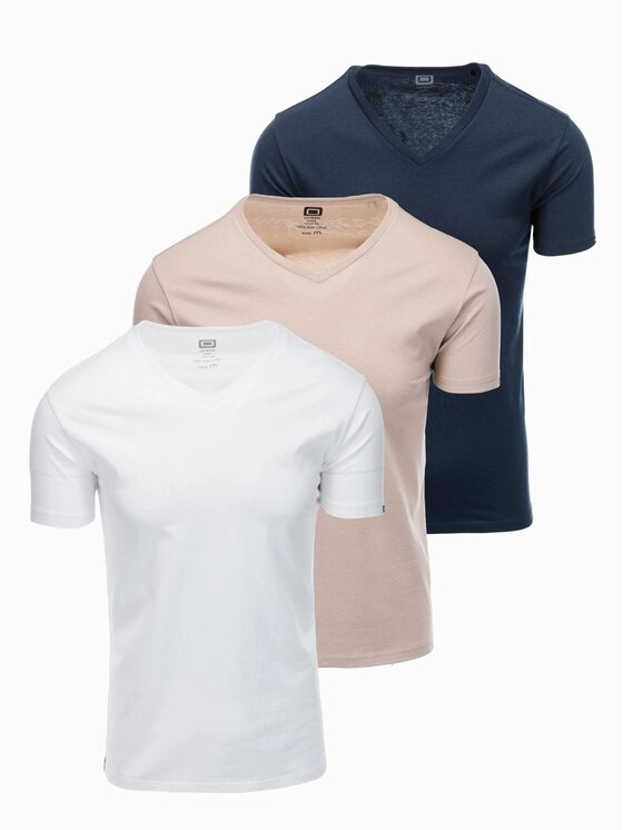 Ombre Ombre Komplet 3 t-shirtów OM-TSBS-0233 Beżowy Regular Fit