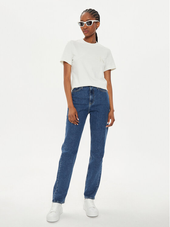 Calvin Klein Jeans Calvin Klein Jeans Marškinėliai Satin Applique J20J223925 Écru Regular Fit