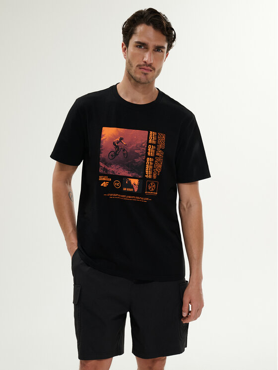 4F 4F T-Shirt WHEEL & WAVE Czarny Relaxed Fit