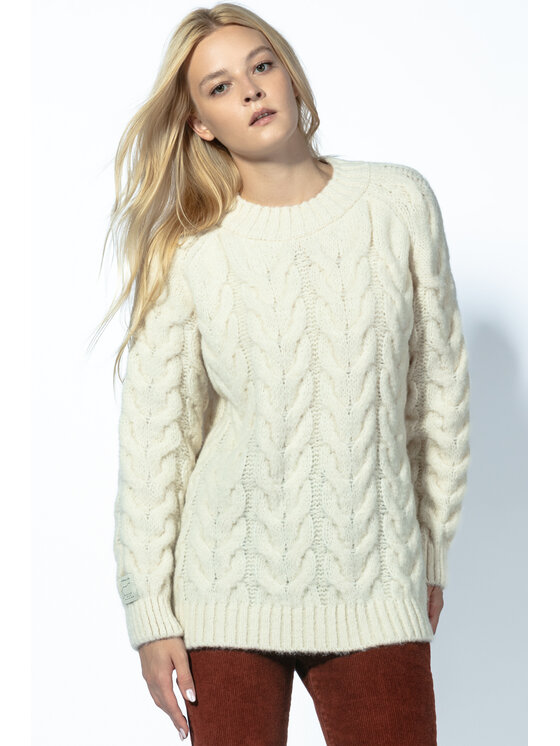 Sweter, rozmiar 40/42, Écru, Ciepły sweter z dekoltem splot warkocze F1747