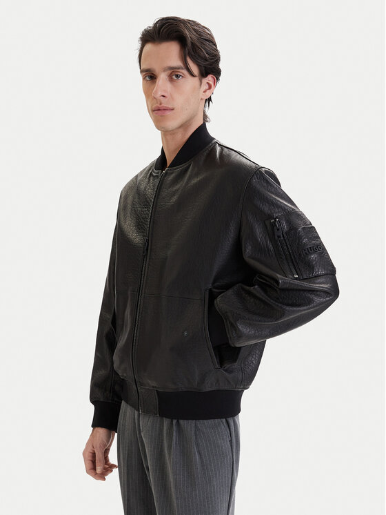 HUGO HUGO Odinė striukė Lude 50553111 Juoda Regular Fit