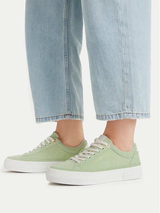Tommy Hilfiger Superge Washed Canvas Platform Trainers FW0FW09172 Zelena