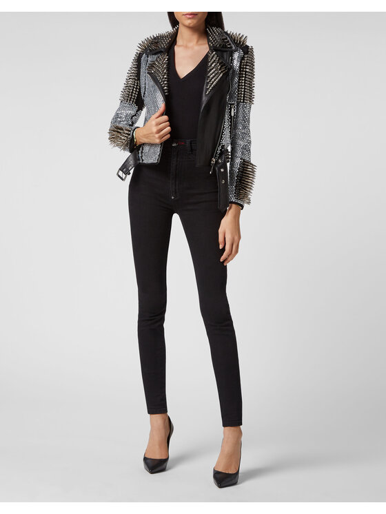 PHILIPP PLEIN PHILIPP PLEIN Kurtka skórzana 4447 Czarny Slim Fit