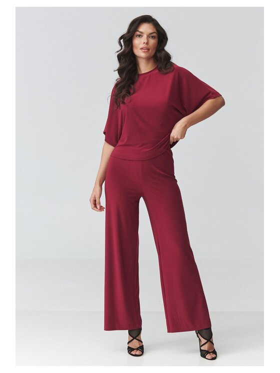 Makadamia Makadamia Komplet bluzka i spodnie M940 Bordowy Loose Fit