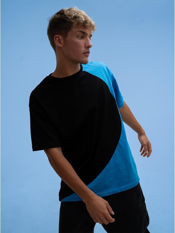 Good Luck Good Luck T-Shirt Koszulka Męska Z Krótkim Rękawem Oversize Czarna / Jasna Niebieska GOOD LUCK Loopy L Czarny Regular Fit