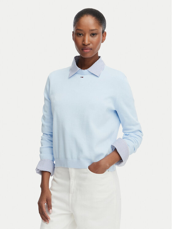 Tommy Jeans Pulover Essential DW0DW20159 Albastru deschis Regular Fit