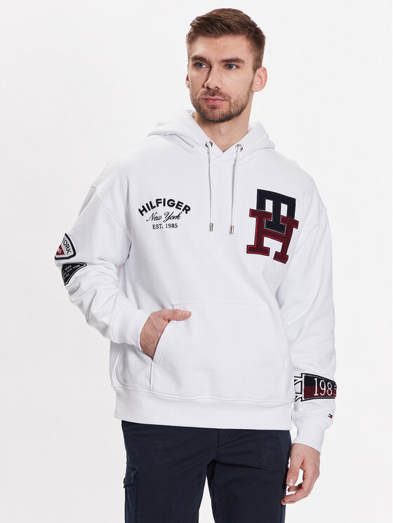 Tommy Hilfiger Džemperis ar kapuci Multi Badge Icon MW0MW30029 Balts Regular Fit