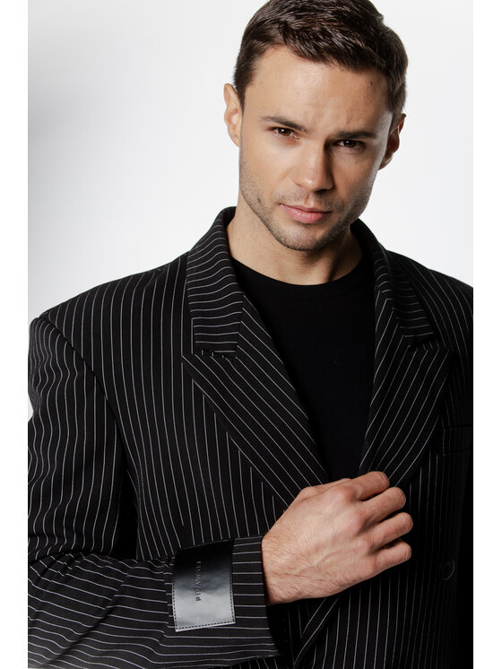 Pilawski Pilawski Marynarka MARYNARKA W PRĄŻEK MĘSKA Czarny Slim Fit