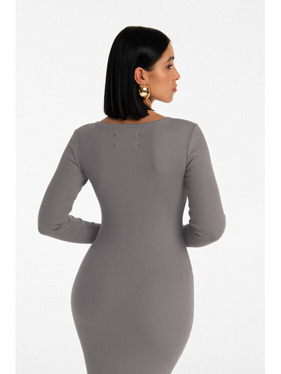 Nudyess Nudyess Úpletové šaty Isla midi z prążka Sivá Fitted Fit