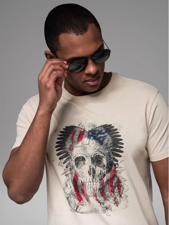 Ombre Ombre T-Shirt OM-TSPT-0199 Beżowy Regular Fit