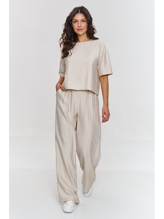 Makadamia Makadamia Komplet bluzka i spodnie M945 Beżowy Loose Fit