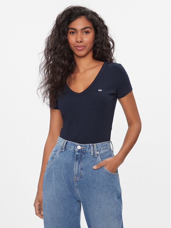 Tommy Jeans T-Shirt Tjw Slim Essential Rib V Ss DW0DW17385 Tmavomodrá Slim Fit