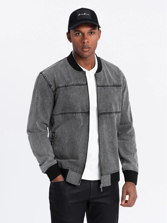 Ombre Ombre Kurtka jeansowa OM-JADJ-0163 Szary Regular Fit