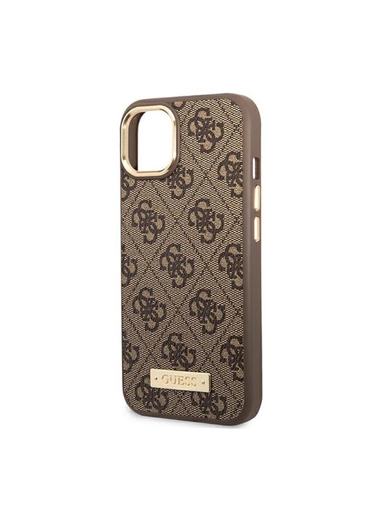 Guess Guess Etui na telefon 4G Logo Plate MagSafe Brązowy