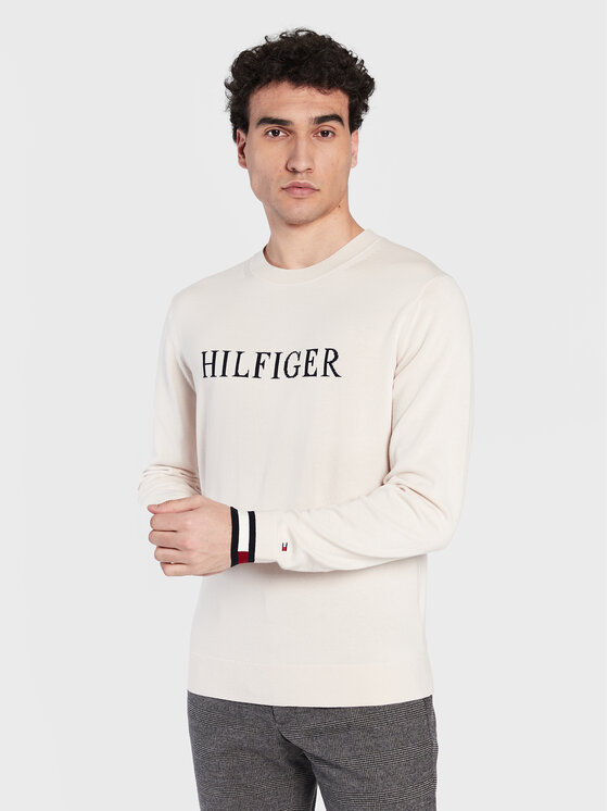 Tommy Hilfiger Pulover Flag Cuff MW0MW29045 Écru Regular Fit
