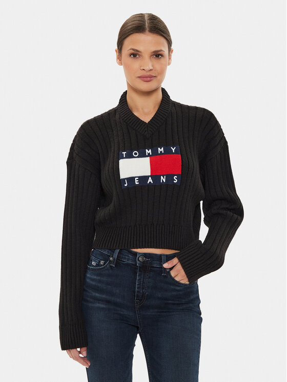 Tommy Jeans Pulover Center Flag DW0DW18528 Negru Relaxed Fit