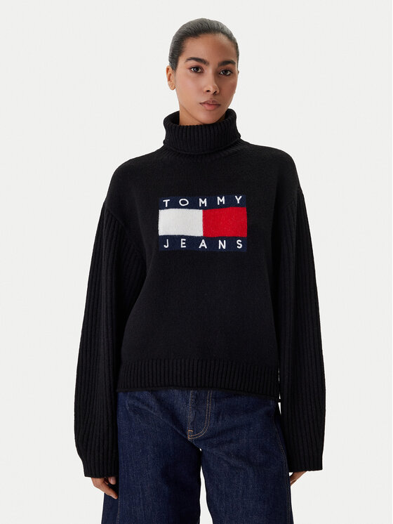 Tommy Jeans Bluză cu gât Flag DW0DW22108 Negru Relaxed Fit