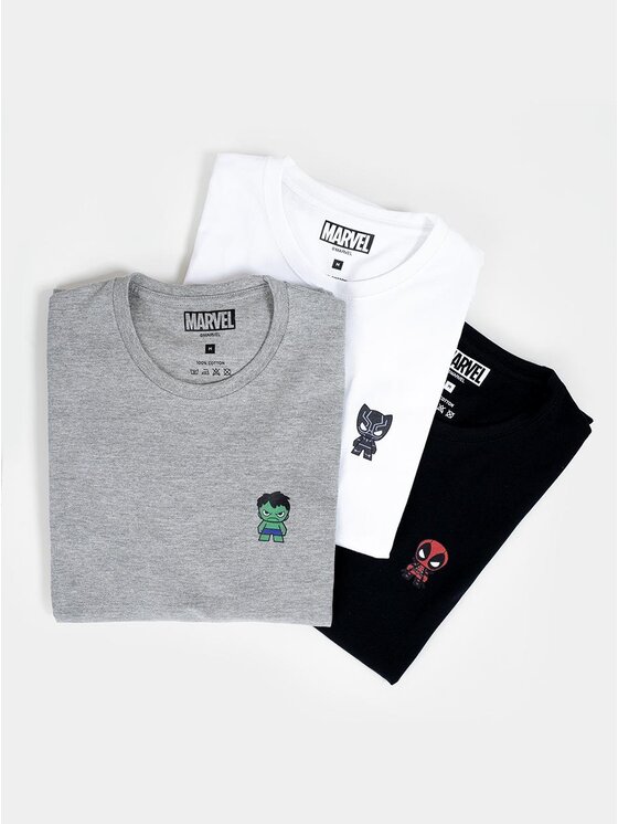 Marvel Komplet t-shirtów, rozmiar XL Czarny, Zestaw 3 Koszulek Męskich Deadpool hulk panter Mini Heroes XXL