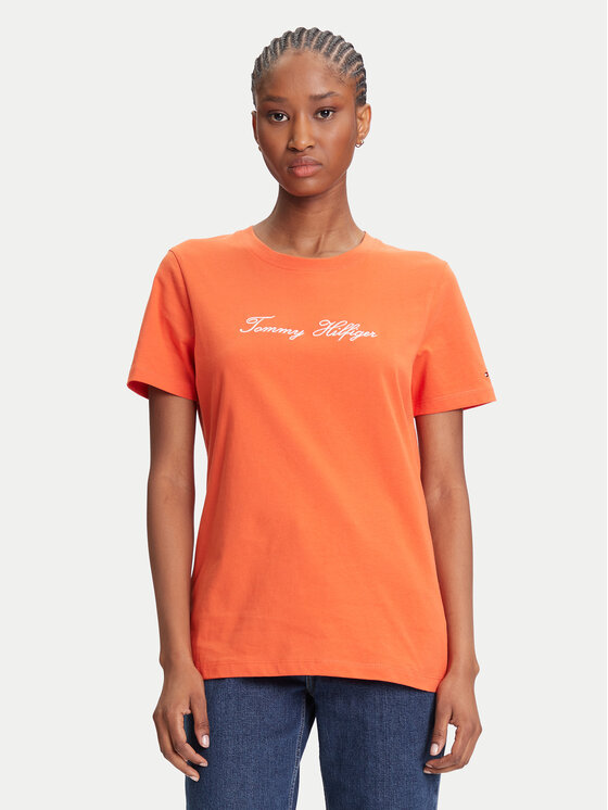 Tommy Hilfiger Tommy Hilfiger T-Shirt Script WW0WW45746 Pomarańczowy Regular Fit