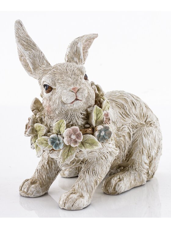 MIAhome MIAhome Figurka królik PELUCHE leżący z wiankiem kwiatów Biały