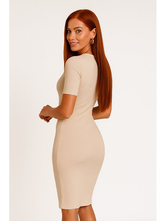 Nudyess Nudyess Úpletové šaty Fiori midi z prążka Béžová Fitted Fit