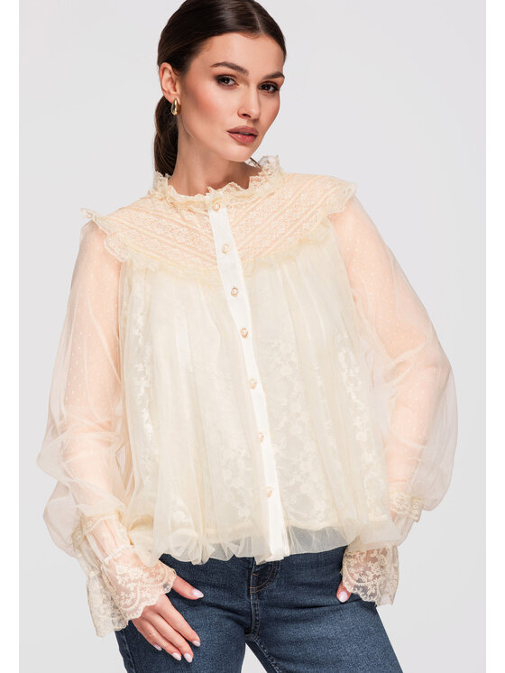 Ombre Ombre Koszula OW-SH-E0020 Beżowy Loose Fit