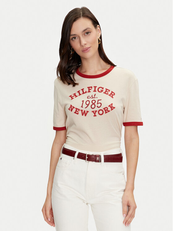 Tommy Hilfiger T-krekls Varsity Ringer WW0WW42585 Bēšs Regular Fit