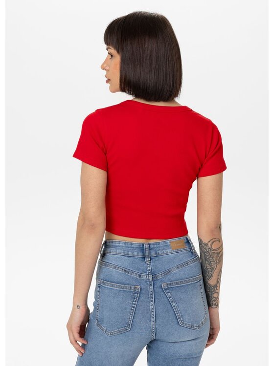 PITBULL PITBULL T-Shirt Koszulka damska Rib CROPPED M Czerwony Regular Fit