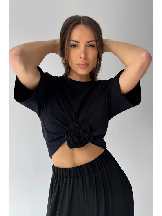 Chiara Wear Chiara Wear T-Shirt T-shirt crop top z różą ROSE Czarny Oversize