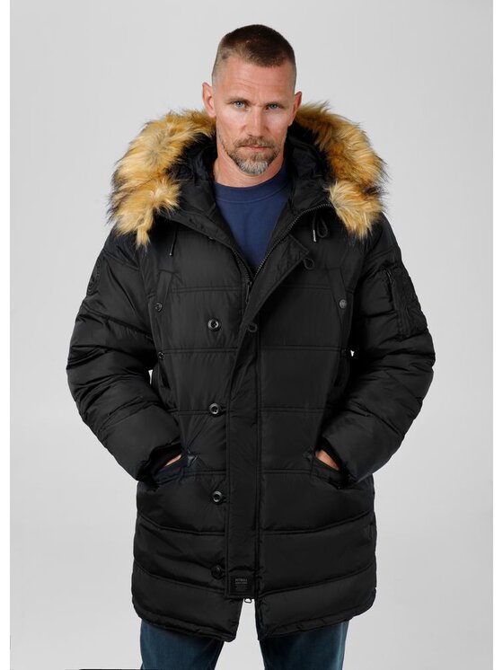 PITBULL PITBULL Kurtka zimowa Kurtka zimowa parka męska z kapturem Kingston XS Czarny Regular Fit