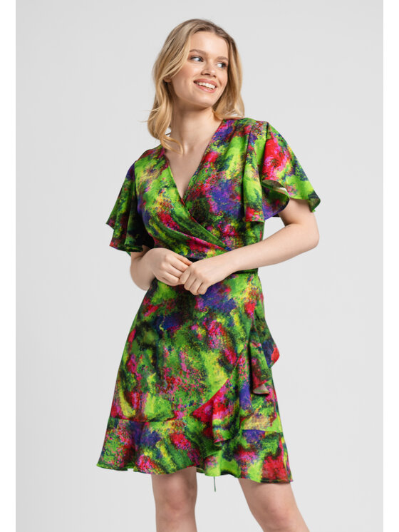 Look Made With Love Sukienka koktajlowa Arty Look 1420 kolorowa łąka  Zielony A-Line Fit • 