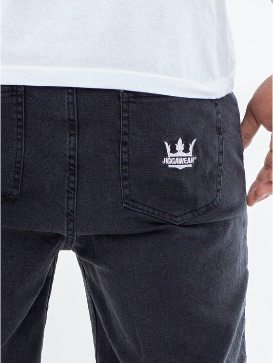 Jigga Wear Jigga Wear Szorty jeansowe Krótkie Spodenki Jeansowe Ze Ściągaczem Męskie Sprane Czarne / Białe Jigga Wear Crown Pocket 2XL Czarny Regular Fit