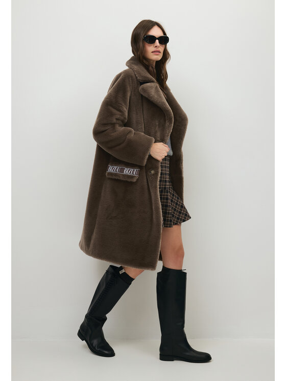 BIZUU BIZUU Futro PESARO FAUR FUX LAPEL COAT Brązowy Standard Fit
