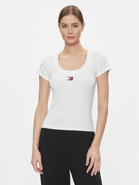 Tommy Jeans Tričko Tjw Slim Badge Rib Tee Ss DW0DW17396 Biela Slim Fit