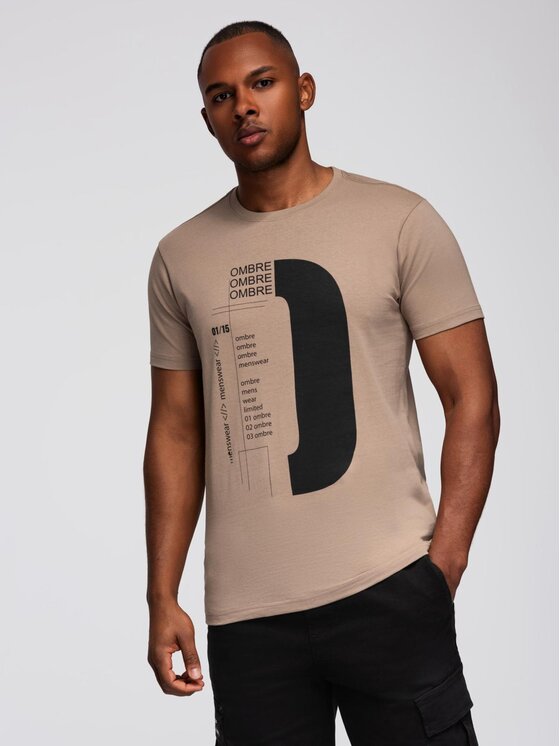Ombre Ombre T-Shirt OM-TSPT-0166 Beżowy Regular Fit
