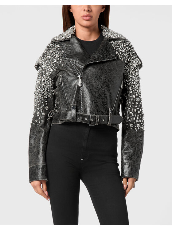 PHILIPP PLEIN PHILIPP PLEIN Kurtka skórzana 22931 Czarny Oversize