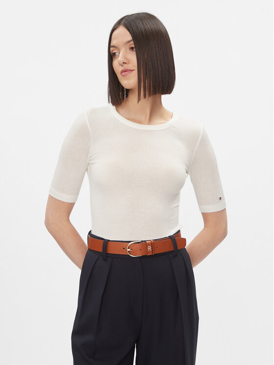 Női Póló Tommy Hilfiger, Méret: S, Ekru, Slim Soft Tencel C-Nk 1/2Slv WW0WW39789
