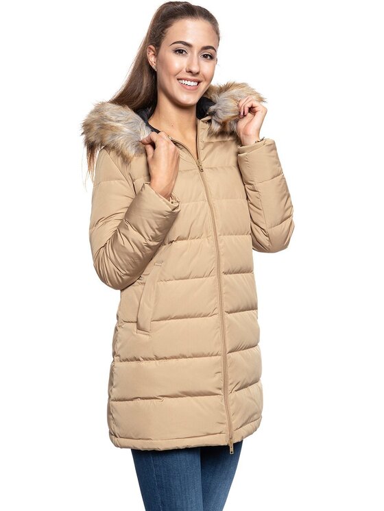 Wrangler Wrangler Kurtka damska LONG PUFFER Beżowy Regular Fit