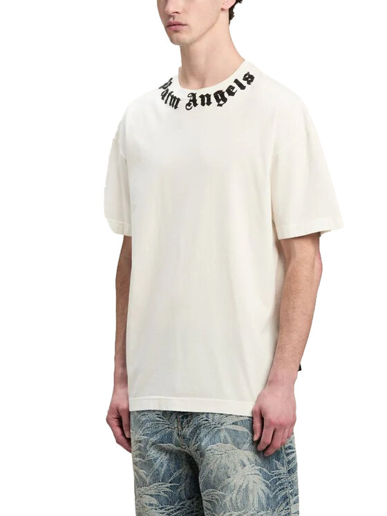 Palm Angels T shirt T SHIRT BIANCA DA UOMO A MANICHE CORTE CON LOGO STAMPATO A MANO IN NERO INTORNO AL COLLO. Bianco Oversize Modivo