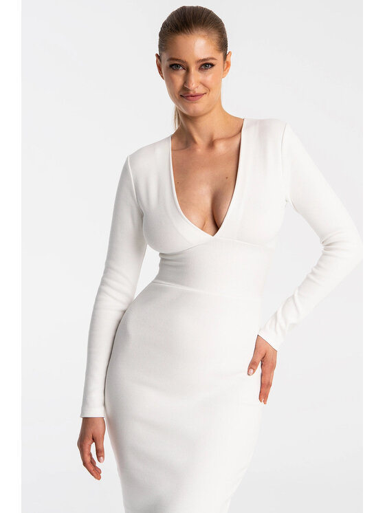 Nudyess Nudyess Sukienka dzianinowa Victoria z prążka Biały Fitted Fit