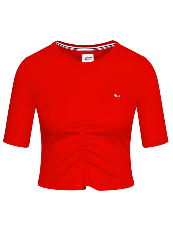 Tommy Jeans Marškinėliai Tjw Crop Ruche DW0DW10131 Raudona Slim Fit •  Modivo.lt