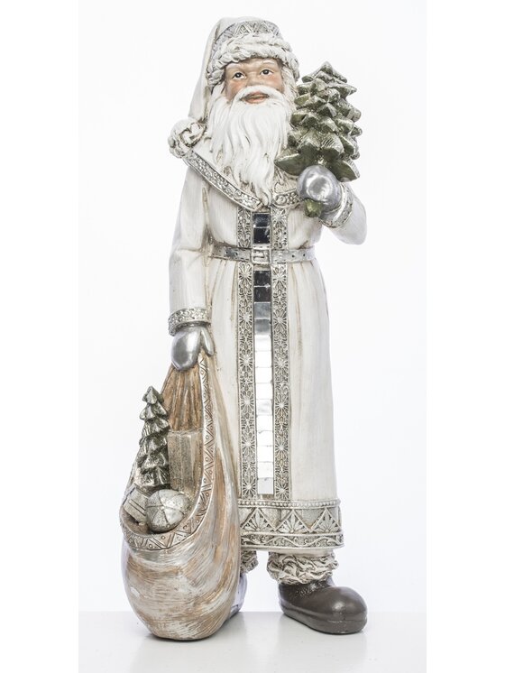 MIAhome MIAhome Figurka Mikołaj w płaszczu z workiem prezentów i choinką 31,5x13x11 cm Biały