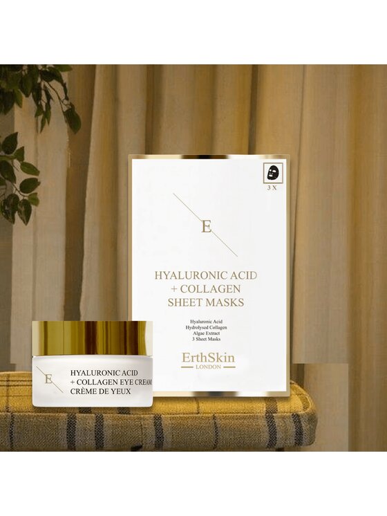 Erthskin London Erthskin London Maska Kwas Hialuronowy i Kolagen - 3 arkusze + Kwas Hialuronowy + Krem pod Oczy Kolagen Pro Age 30ml Maska do twarzy