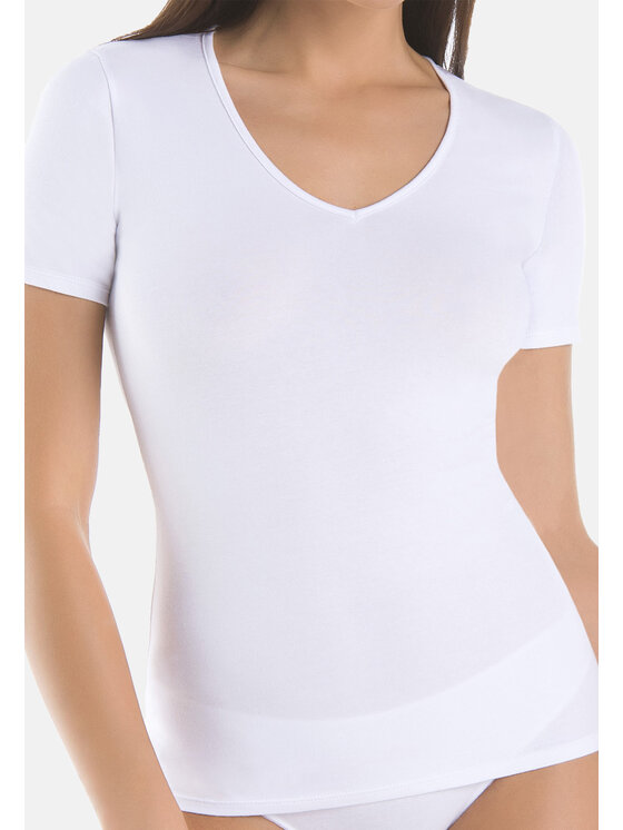 Teyli Teyli T-Shirt Koszulka bawełniana dekolt V Biały Standard Fit