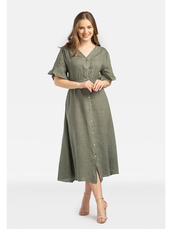 Perso Perso Sukienka codzienna lniana z guzikami Khaki Regular Fit