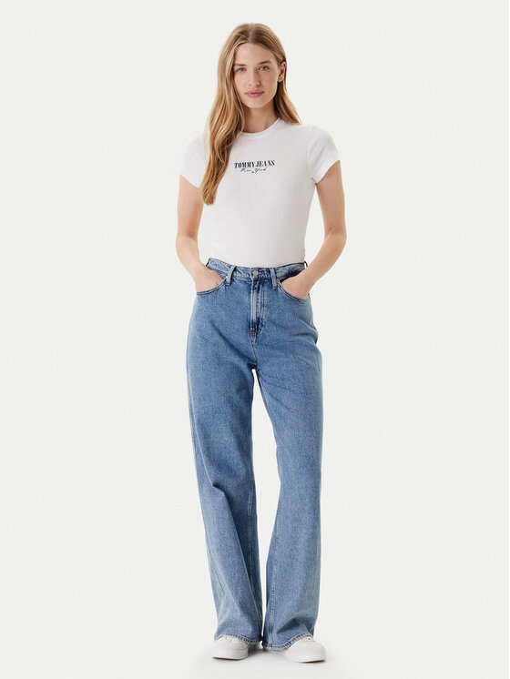 Tommy Jeans Tommy Jeans Marškinėliai Logo Pointelle DW0DW20899 Écru Slim Fit