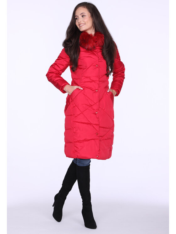 Perso Perso Zimný kabát z oryginalnym pikowaniem Červená Slim Fit